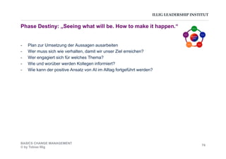 ILLIG LEADERSHIP INSTITUT
Phase Destiny: „Seeing what will be. How to make it happen.“
-  Plan zur Umsetzung der Aussagen ausarbeiten
-  Wer muss sich wie verhalten, damit wir unser Ziel erreichen?
-  Wer engagiert sich für welches Thema?
-  Wie und worüber werden Kollegen informiert?
-  Wie kann der positive Ansatz von AI im Alltag fortgeführt werden?
BASICS CHANGE MANAGEMENT
© by Tobias Illig
79
 