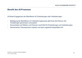 ILLIG LEADERSHIP INSTITUT
Benefit des AI-Prozesses
AI fördert Engagement der Betroffenen für Entwicklungen oder Veränderungen:
-  Beteiligung der Betroffenen am Veränderungsprozess gibt ihnen die Chance, ihre
Vorstellungen gemeinsam umzusetzen
-  Konzentration auf Stärken und Chancen macht Mut für Entwicklungen und Veränderungen.
-  Gemeinsamer Visionsprozess inspiriert und setzt ungeahnte Kapazitäten frei.
BASICS CHANGE MANAGEMENT
© by Tobias Illig
80
 
