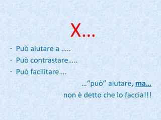 X… Può aiutare a ….. Può contrastare….. Può facilitare…. …“ può” aiutare,  ma… non è detto che lo faccia!!! 
