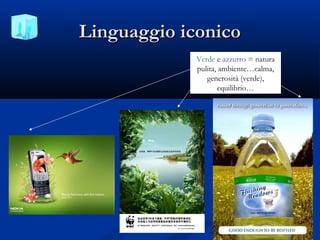 Linguaggio iconico
            Verde e azzurro = natura
            pulita, ambiente…calma,
               generosità (verde),
                   equilibrio…
 