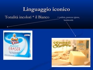 Linguaggio iconico
Tonalità incolori * il Bianco   = pulizia, purezza igiene,
                                       luminosità
 