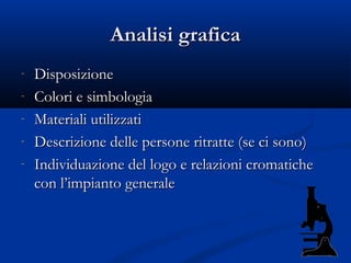 Analisi grafica
-   Disposizione
-   Colori e simbologia
-   Materiali utilizzati
-   Descrizione delle persone ritratte (se ci sono)
-   Individuazione del logo e relazioni cromatiche
    con l’impianto generale
 