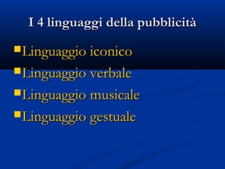 I 4 linguaggi della pubblicità
 Linguaggio iconico

 Linguaggio verbale

 Linguaggio musicale

 Linguaggio gestuale
 