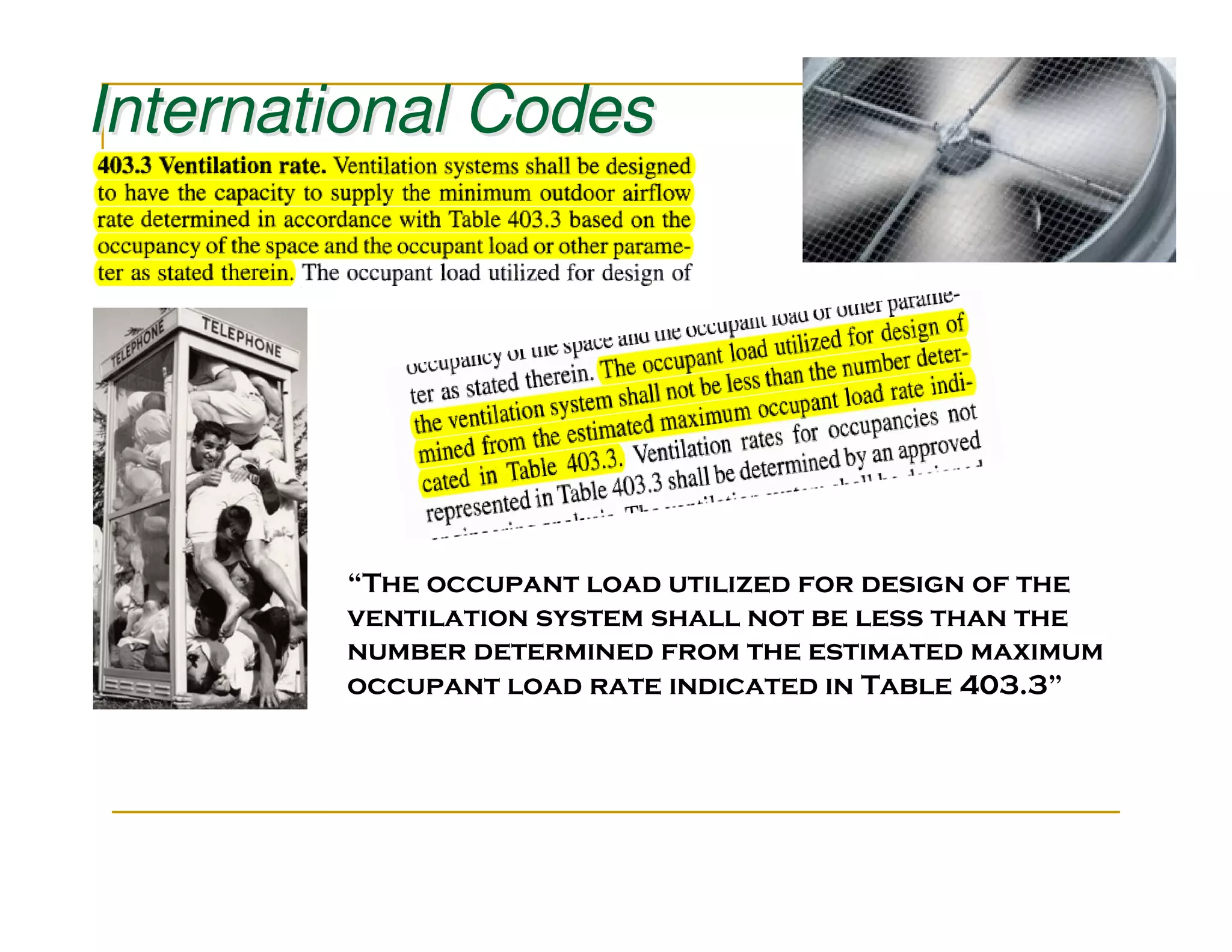 International Codes




        “The occupant load utilized for design of the
        ventilation system shall not be less than the
        number determined from the estimated maximum
        occupant load rate indicated in Table 403.3”
 
