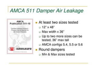 AMCA 511 Damper Air Leakage

          At least two sizes tested
            12” x 48”
            Max width x 36”
            Up to two more sizes can be
            tested, 36” max tall
            AMCA configs 5.4, 5.5 or 5.6
          Round dampers
            Min & Max sizes tested
 