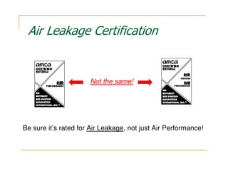 Air Leakage Certification


                      Not the same!




Be sure it’s rated for Air Leakage, not just Air Performance!
 