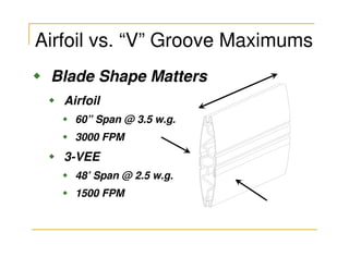 Airfoil vs. “V” Groove Maximums
 Blade Shape Matters
   Airfoil
     60” Span @ 3.5 w.g.
     3000 FPM
   3-VEE
     48’ Span @ 2.5 w.g.
     1500 FPM
 