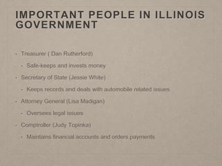 IMPORTANT PEOPLE IN ILLINOIS 
GOVERNMENT 
• Treasurer ( Dan Rutherford) 
• Safe-keeps and invests money 
• Secretary of State (Jessie White) 
• Keeps records and deals with automobile related issues 
• Attorney General (Lisa Madigan) 
• Oversees legal issues 
• Comptroller (Judy Topinka) 
• Maintains financial accounts and orders payments 
