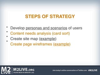 STEPS OF STRATEGY

Develop personas and scenarios of users
Content needs analysis (card sort)
Create site map (example)
Create page wireframes (example)
 
