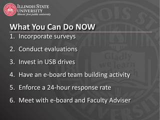 What You Can Do NOW
1. Incorporate surveys
2. Conduct evaluations
3. Invest in USB drives
4. Have an e-board team building activity
5. Enforce a 24-hour response rate
6. Meet with e-board and Faculty Adviser
 