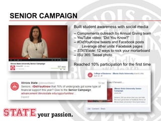 SENIOR CAMPAIGN
Built student awareness with social media
-- Complements outreach by Annual Giving team
-- YouTube video: “Did You Know?”
-- #DidYouKnow tweets and Facebook posts
Leverage other units’ Facebook pages
-- STATEside: 12 ways to rock your mortarboard
-- ISU 365: Tassel photo
Reached 10% participation for the first time
 
