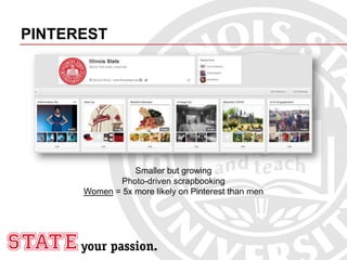 PINTEREST
Smaller but growing
Photo-driven scrapbooking
Women = 5x more likely on Pinterest than men
 