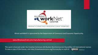 Illinois workNet is sponsored by the Department of Commerce and Economic Opportunity. 
www.illinoisworknet.com/manufacturing-central 
This work is licensed under the Creative Commons Attribution-NonCommercial-ShareAlike 4.0 International License. 
To view a copy of this license, visit http://creativecommons.org/licenses/by-nc-sa/4.0/. 9/2014 v2 
