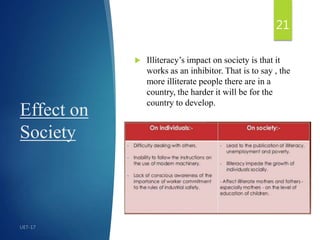 Effect on
Society
21
 Illiteracy’s impact on society is that it
works as an inhibitor. That is to say , the
more illiterate people there are in a
country, the harder it will be for the
country to develop.
 