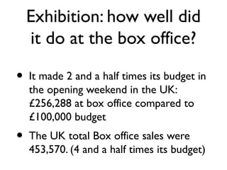 Exhibition: how well did
    it do at the box office?

•   It made 2 and a half times its budget in
    the opening weekend in the UK:
    £256,288 at box office compared to
    £100,000 budget
•   The UK total Box office sales were
    453,570. (4 and a half times its budget)
 