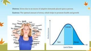 Distress: Stress due to an excess of adaptive demands placed upon a person. 
Eustress: The optimal amount of stress, which helps to promote health and growth 
 