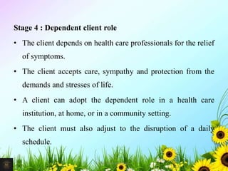 Stage 4 : Dependent client role
• The client depends on health care professionals for the relief
of symptoms.
• The client accepts care, sympathy and protection from the
demands and stresses of life.
• A client can adopt the dependent role in a health care
institution, at home, or in a community setting.
• The client must also adjust to the disruption of a daily
schedule.
22Mr. Melvin Jacob
 