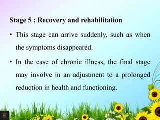 Stage 5 : Recovery and rehabilitation
• This stage can arrive suddenly, such as when
the symptoms disappeared.
• In the case of chronic illness, the final stage
may involve in an adjustment to a prolonged
reduction in health and functioning.
23Mr. Melvin Jacob
 