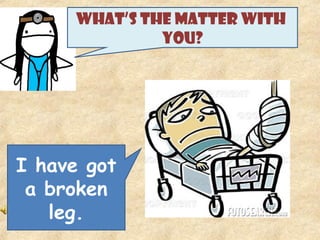 WHAT’S THE MATTER WITH
YOU?
I have got
a broken
leg.
 