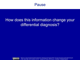 Based on Jones B, Brzezinski WA, Estrada CA, Rodriguez M, Kraemer RR. A 22-year-old woman with abdominal pain
J Gen Intern Med. 2014 Jul;29(7):1074-8’ Created by R Geha, DM Connor, J Kohlwes, R Sedighi Manesh
Pause
How does this information change your
differential diagnosis?
 