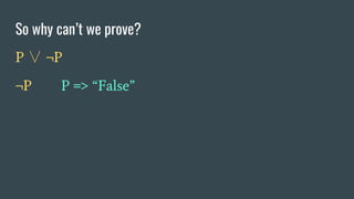 So why can’t we prove?
P ∨ ¬P
¬P P => “False”
 