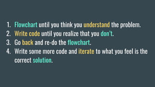 1. Flowchart until you think you understand the problem.
2. Write code until you realize that you don’t.
3. Go back and re-do the flowchart.
4. Write some more code and iterate to what you feel is the
correct solution.
 