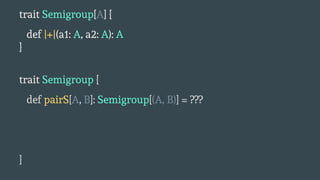 trait Semigroup[A] {
def |+|(a1: A, a2: A): A
}
trait Semigroup {
def pairS[A, B]: Semigroup[(A, B)] = ???
}
 
