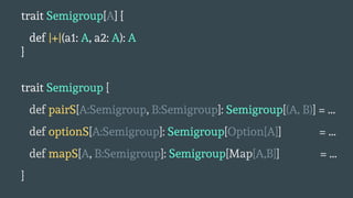 trait Semigroup[A] {
def |+|(a1: A, a2: A): A
}
trait Semigroup {
def pairS[A:Semigroup, B:Semigroup]: Semigroup[(A, B)] = ...
def optionS[A:Semigroup]: Semigroup[Option[A]] = ...
def mapS[A, B:Semigroup]: Semigroup[Map[A,B]] = ...
}
 