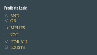 Predicate Logic
∧ AND
∨ OR
→ IMPLIES
¬ NOT
∀ FOR ALL
∃ EXISTS
 