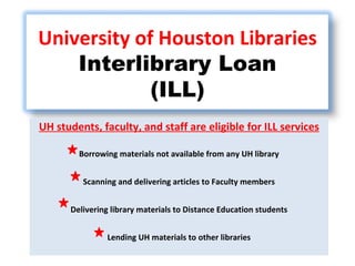 UH students, faculty, and staff are eligible for ILL services Borrowing materials not available from any UH library Scanning and delivering articles to Faculty members Delivering library materials to Distance Education students Lending UH materials to other libraries University of Houston Libraries Interlibrary Loan (ILL) 