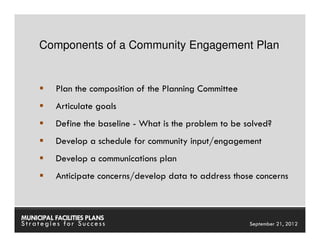 Components of a Community Engagement Plan


          Plan the composition of the Planning Committee
          Articulate goals
          Define the baseline - What is the problem to be solved?
          Develop a schedule for community input/engagement
          Develop a communications plan
          Anticipate concerns/develop data to address those concerns



MUNICIPAL FACILITIES PLANS                        MUNICIPAL FACILITIES PLANS
Strategies for Success                                      September 21, 2012
 