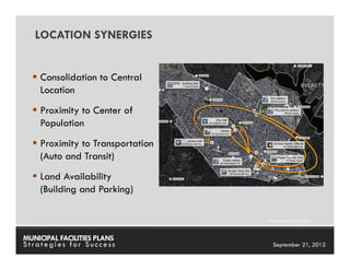 LOCATION SYNERGIES


    Consolidation to Central
    Location
    Proximity to Center of
    Population
    Proximity to Transportation
    (Auto and Transit)
    Land Availability
    (Building and Parking)

                                           Diagram by Cecil Group



MUNICIPAL FACILITIES PLANS        MUNICIPAL FACILITIES PLANS
Strategies for Success                       September 21, 2012
 