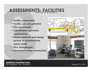 ASSESSMENTS: FACILITIES
            Information for Analysis


       Facility assessments
       Facility use and potential
       Site assessments
       Coordinated operation
       opportunities
       Means, methods and design
       options to accommodate
       space needs
       New technologies
       Successes in other communities



MUNICIPAL FACILITIES PLANS              MUNICIPAL FACILITIES PLANS
Strategies for Success                            September 21, 2012
 