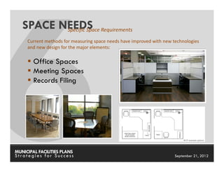 SPACE NEEDS Requirements
          Specific Space
     Current methods for measuring space needs have improved with new technologies
     and new design for the major elements:

        Office Spaces
        Meeting Spaces
        Records Filing




MUNICIPAL FACILITIES PLANS                                  MUNICIPAL FACILITIES PLANS
Strategies for Success                                                 September 21, 2012
 
