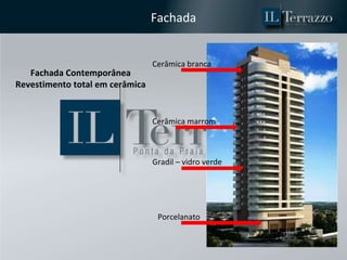 Fachada Fachada Contemporânea Revestimento total em cerâmica Cerâmica branca Cerâmica marrom Gradil – vidro verde Porcelanato 