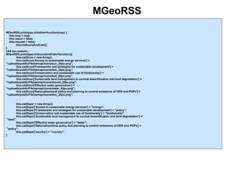 MGeoRSS MGeoRSS.prototype.initialize=function(map) { this.map = map; this.rssurl = false; this.request = false; this.initIconsAndCats(); } //All too custom... MGeoRSS.prototype.initIconsAndCats=function(){ this.cat2icon = new Array(); this.cat2icon['Access to sustainable energy services'] =  "/uploads/public/File/eemap/icons/sun_20px.png"; this.cat2icon['Frameworks and strategies for sustainable development'] =  "/uploads/public/File/eemap/icons/doc_20px.png"; this.cat2icon['Conservation and sustainable use of biodiversity'] =  "/uploads/public/File/eemap/icons/leaf_20px.png"; this.cat2icon['Sustainable land management to combat desertification and land degradation'] =  "/uploads/public/File/eemap/icons/shovel_20px.png"; this.cat2icon['Effective water governance'] =  "/uploads/public/File/eemap/icons/water_20px.png"; this.cat2icon['National/sectoral policy and planning to control emissions of ODS and POPs'] =  "/uploads/public/File/eemap/icons/doc_20px.png"; this.cat2layer = new Array(); this.cat2layer['Access to sustainable energy services'] = "energy"; this.cat2layer['Frameworks and strategies for sustainable development'] = "policy"; this.cat2layer['Conservation and sustainable use of biodiversity'] = "biodiversity"; this.cat2layer['Sustainable land management to combat desertification and land degradation'] = "land"; this.cat2layer['Effective water governance'] = "water"; this.cat2layer['National/sectoral policy and planning to control emissions of ODS and POPs'] = "policy"; this.cat2layer['country'] = "country"; } 