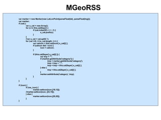 MGeoRSS var marker = new Marker(new LatLonPoint(parseFloat(lat), parseFloat(lng))); var marker; if (cat) { var a_cat = new Array(); for (c in this.cat2layer) { if (cat.indexOf( c ) > -1) { a_cat.push(c);  } } //var a_cat = cat.split(','); for (var i=0; i<=a_cat.length; i++) { var caticon = this.cat2icon[ a_cat[i] ]; if (caticon && ! icon) { icon = caticon; } if (this.cat2layer[ a_cat[i] ]) { var tmp = ""; if (marker.getAttribute('category')) { tmp = marker.getAttribute('category'); tmp = tmp + ","; tmp = tmp + this.cat2layer[ a_cat[i] ]; } else { tmp = this.cat2layer[ a_cat[i] ]; } marker.setAttribute('category', tmp); } } } if (icon) { if (rss_icon) { marker.setIcon(icon,[18,12]); //marker.setIcon(icon, [23,15]); } else { marker.setIcon(icon,[20,20]); } } 