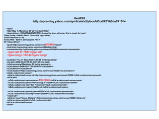 GeoRSS http://upcoming.yahoo.com/syndicate/v2/place/hCca8XSYA5nn0X1Sfw <item> <title>May  7, Manifesto SF at The Stud</title> <description><![CDATA[MANIFESTO - Leave the boys at home, this is music for men! Deep house, classic disco. Dance the night away! David Harness & Cez Every Wed - 9pm to 2am players.<br /> ]]></description> <guid>http://upcoming.yahoo.com/event/ 600466 /</guid> <link>http://upcoming.yahoo.com/event/600466/</link> <comments>http://upcoming.yahoo.com/event/60046/#comments</comments> <geo:lat>37.7697</geo:lat> <geo:long>-122.42</geo:long> <pubDate>Thu, 07 May 2008 15:50:49 -0700</pubDate> <dc:date>2008-05-08T15:50:49-07:00</dc:date> <xCal:summary>Manifesto SF</xCal:summary> <xCal:dtstart>2008-05-07T21:00:00Z</xCal:dtstart> <xCal:dtend></xCal:dtend> <xCal:location>http://upcoming.yahoo.com/venue/16322/</xCal:location> <xCal:x-calconnect-venue> <xCal:x-calconnect-venue-id>http://upcoming.yahoo.com/venue/16322/</xCal:x-calconnect-venue-id> <xCal:adr> <xCal:x-calconnect-venue-name> The Stud </xCal:x-calconnect-venue-name> <xCal:x-calconnect-street>Harrison @ 9 th  Street</xCal:x-calconnect-street> <xCal:x-calconnect-city>San Francisco</xCal:x-calconnect-city> <xCal:x-calconnect-region>California</xCal:x-calconnect-region> <xCal:x-calconnect-postalcode>94103</xCal:x-calconnect-postalcode> <xCal:x-calconnect-country>United States</xCal:x-calconnect-country> </xCal:adr> <xCal:url type='Venue Website'>http://upcoming.yahoo.com/venue/16322/</xCal:url> <xCal:x-calconnect-tel></xCal:x-calconnect-tel> </xCal:x-calconnect-venue> </item> 