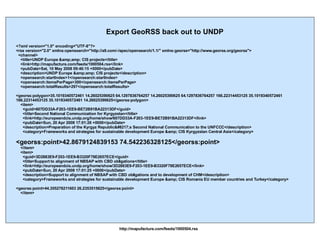 Export GeoRSS back out to UNDP <?xml version="1.0" encoding="UTF-8"?> <rss version="2.0" xmlns:opensearch="http://a9.com/-/spec/opensearch/1.1/" xmlns:georss="http://www.georss.org/georss"> <channel> <title>UNDP Europe &amp;amp; CIS projects</title> <link>http://mapufacture.com/feeds/1000504.rss</link> <pubDate>Sat, 10 May 2008 09:46:15 +0000</pubDate> <description>UNDP Europe &amp;amp; CIS projects</description> <opensearch:startIndex>1</opensearch:startIndex> <opensearch:itemsPerPage>300</opensearch:itemsPerPage> <opensearch:totalResults>297</opensearch:totalResults> <georss:polygon>35.1019340572461 14.26025390625 64.1297836764257 14.26025390625 64.1297836764257 166.22314453125 35.1019340572461 166.22314453125 35.1019340572461 14.26025390625</georss:polygon> <item> <guid>607DD33A-F203-1EE9-BE72B91BA22313DF</guid> <title>Second National Communication for Kyrgyzstan</title> <link>http://europeandcis.undp.org/home/show/607DD33A-F203-1EE9-BE72B91BA22313DF</link> <pubDate>Sun, 20 Apr 2008 17:01:26 +0000</pubDate> <description>Preparation of the Kyrgyz Republic’s Second National Communication to the UNFCCC</description> <category>Frameworks and strategies for sustainable development Europe &amp; CIS Kyrgyzstan Central Asia</category> <georss:point>42.8679124839153 74.542236328125</georss:point> </item> <item> <guid>3D2883E9-F203-1EE9-B3320F78E2657ECE</guid> <title>Support to alignment of NBSAP with CBD obligations</title> <link>http://europeandcis.undp.org/home/show/3D2883E9-F203-1EE9-B3320F78E2657ECE</link> <pubDate>Sun, 20 Apr 2008 17:01:25 +0000</pubDate> <description>Support to alignment of NBSAP with CBD obligations and to development of CHM</description> <category>Frameworks and strategies for sustainable development Europe &amp; CIS Romania EU member countries and Turkey</category> <georss:point>44.355278211603 26.2353515625</georss:point> </item> http://mapufacture.com/feeds/1000504.rss 