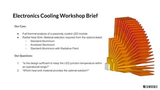 Our Case:
● Full thermal analysis of a passively cooled LED module
● Radial Heat Sink- Material selection required from the options listed:
○ Standard Aluminium
○ Anodized Aluminium
○ Standard Aluminium with Radiative Paint
Our Questions:
1. “Is the design sufficient to keep the LED junction temperature within
an operational range?”
2. “Which heat sink material provides the optimal solution?”
Electronics Cooling Workshop Brief