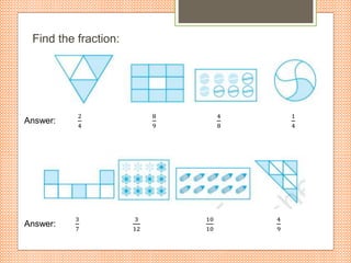 Find the fraction:
Answer:
2
4
8
9
4
8
1
4
Answer:
3
7
3
12
10
10
4
9
 