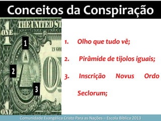 Conceitos da Conspiração
Comunidade Evangélica Cristo Para as Nações – Escola Bíblica 2013
1. Olho que tudo vê;
2. Pirâmide de tijolos iguais;
3. Inscrição Novus Ordo
Seclorum;
 