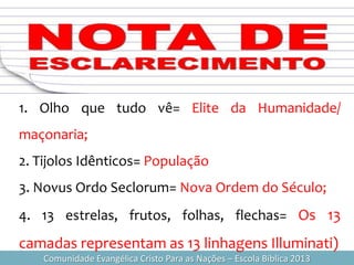 Comunidade Evangélica Cristo Para as Nações – Escola Bíblica 2013
1. Olho que tudo vê= Elite da Humanidade/
maçonaria;
2. Tijolos Idênticos= População
3. Novus Ordo Seclorum= Nova Ordem do Século;
4. 13 estrelas, frutos, folhas, flechas= Os 13
camadas representam as 13 linhagens Illuminati)
 