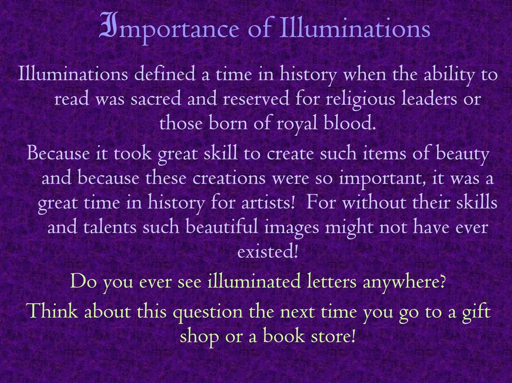 !73&#.1+9"$&=$:2207*+1.*&+6
:2207*+1.*&+6$%"=*+"%$1$.*7"$*+$!*6.&#/$'!"+$.!"$1(*2*./$.&$
#"1%$'16$619#"%$1+%$#"6"#G"%$=&#$#"2*)*&06$2"1%"#6$&#$
.!&6"$(&#+$&=$#&/12$(2&&%F
A"9106"$*.$.&&;$)#"1.$6;*22$.&$9#"1."$609!$*."76$&=$("10./$
1+%$("9106"$.!"6"$9#"1.*&+6$'"#"$6&$*73&#.1+.E$*.$'16$1$
)#"1.$.*7"$*+$!*6.&#/$=&#$1#.*6.6>$$X&#$'*.!&0.$.!"*#$6;*226$
1+%$.12"+.6$609!$("10.*=02$*71)"6$7*)!.$+&.$!1G"$"G"#$
"H*6."%>
J&$/&0$"G"#$6""$*2207*+1."%$2".."#6$1+/'!"#",
D!*+;$1(&0.$.!*6$V0"6.*&+$.!"$+"H.$.*7"$/&0$)&$.&$1$)*=.$
6!&3$&#$1$(&&;$6.&#">
 