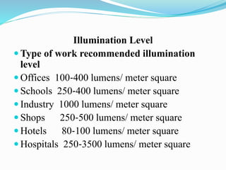 Illumination Level
 Type of work recommended illumination
level
 Offices 100‐400 lumens/ meter square
 Schools 250‐400 lumens/ meter square
 Industry 1000 lumens/ meter square
 Shops 250‐500 lumens/ meter square
 Hotels 80‐100 lumens/ meter square
 Hospitals 250‐3500 lumens/ meter square
 
