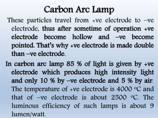 Carbon Arc Lamp
These particles travel from +ve electrode to –ve
electrode, thus after sometime of operation +ve
electrode become hollow and –ve become
pointed. That’s why +ve electrode is made double
than –ve electrode.
In carbon arc lamp 85 % of light is given by +ve
electrode which produces high intensity light
and only 10 % by –ve electrode and 5 % by air.
The temperature of +ve electrode is 4000 oC and
that of –ve electrode is about 2500 oC. The
luminous efficiency of such lamps is about 9
lumen/watt.
 