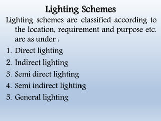 Lighting Schemes
Lighting schemes are classified according to
the location, requirement and purpose etc.
are as under :
1. Direct lighting
2. Indirect lighting
3. Semi direct lighting
4. Semi indirect lighting
5. General lighting
 