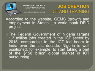 Manufacturing
Mass media
Water supply
Waste Management
Security
etc
ILLUMINATION CONCEPTS
E-LEARNING CENTRE
www.e-learningcentre.com.ng
 
