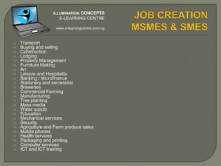 According to a national survey on MSMEs by SMEDAN &
NBS, Nigeria has over 17.2 million MSMEs, employing
32.4 million Nigerians and nominally contributing 46.54
percent of the nation’s GDP at the period under review
ILLUMINATION CONCEPTS
E-LEARNING CENTRE
www.e-learningcentre.com.ng
 