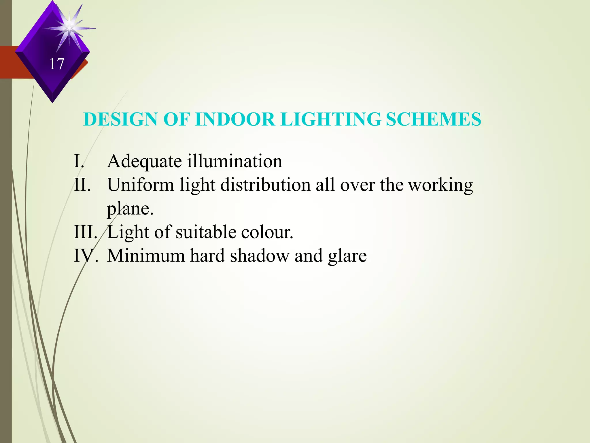 DESIGN OF INDOOR LIGHTING SCHEMES
I. Adequate illumination
II. Uniform light distribution all over the working
plane.
III. Light of suitable colour.
IV. Minimum hard shadow and glare.
17
 